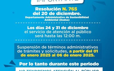 Dadsa anuncia ajustes en horarios y suspensión de trámites durante fin de año